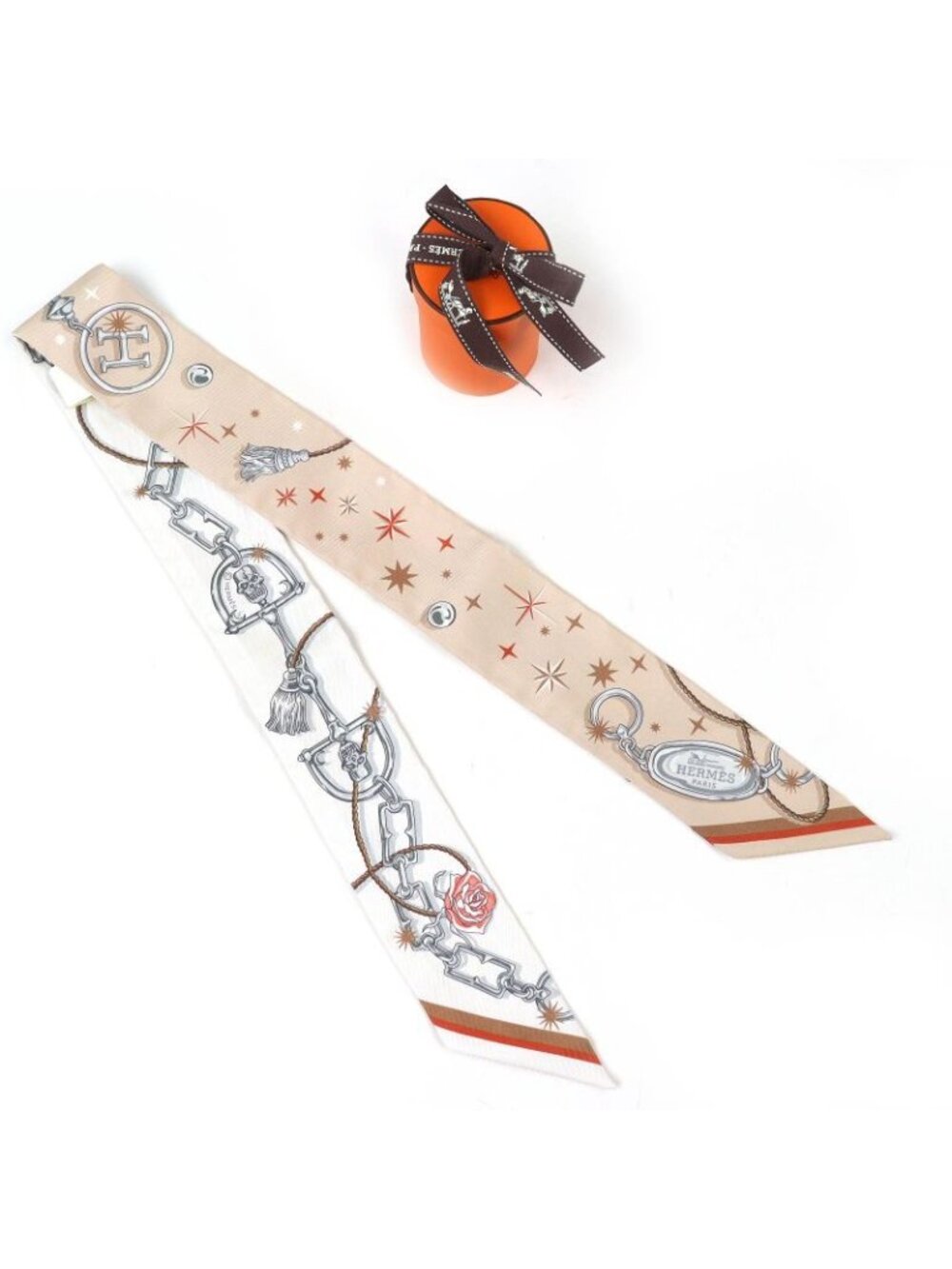 Hermes Twilly Sera Fete Silk Beige Rose Caramel White Scarf Recommended - Picture 2 of 9